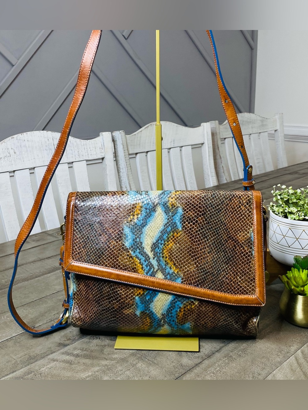 Brahmin Convertible Crossbody Bag Python Snake Embossed Mineral Blue Caramel